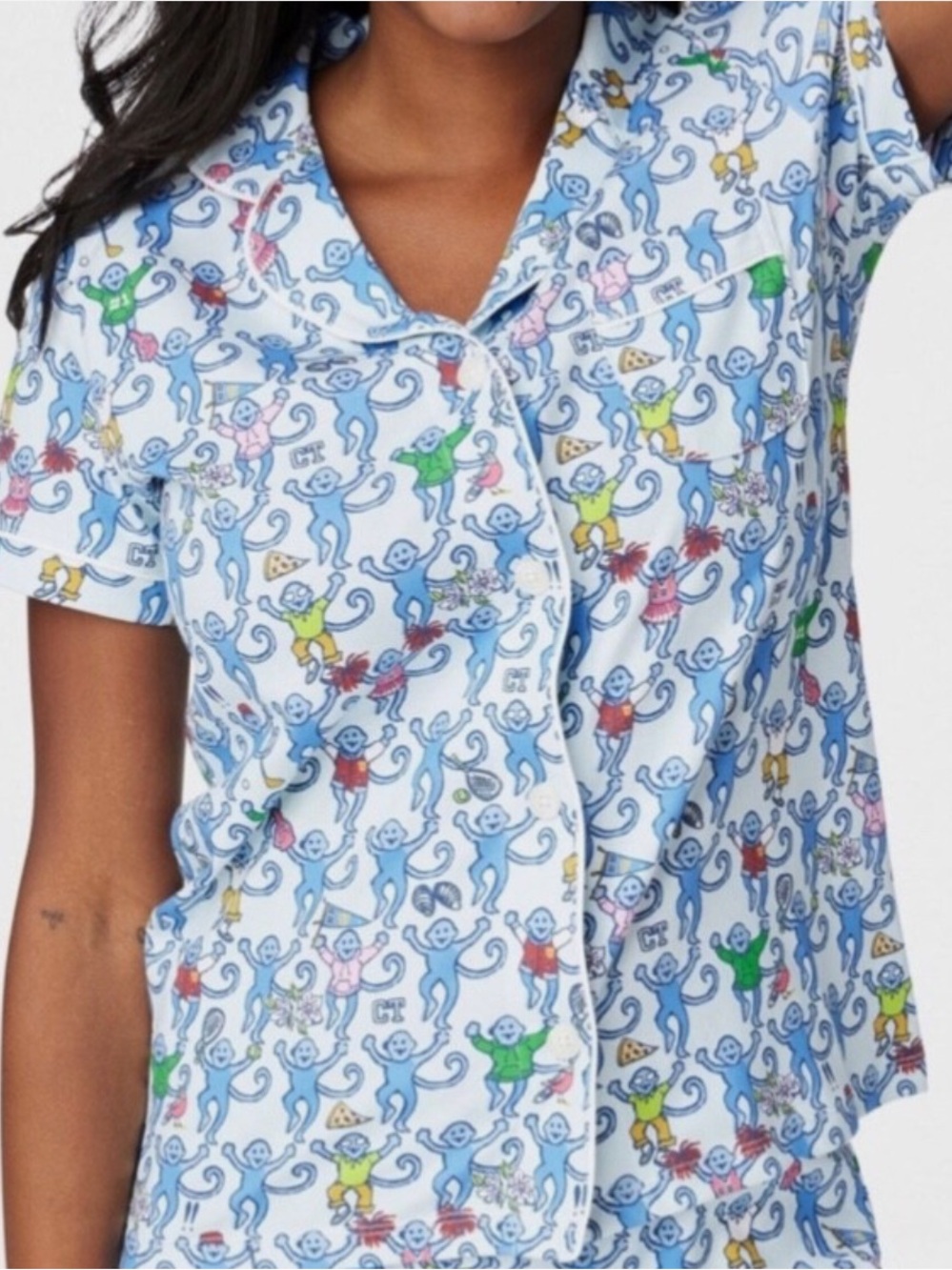 Roller Rabbit Greenwich Blue Monkey-Print Short Sleeve Pajama Top